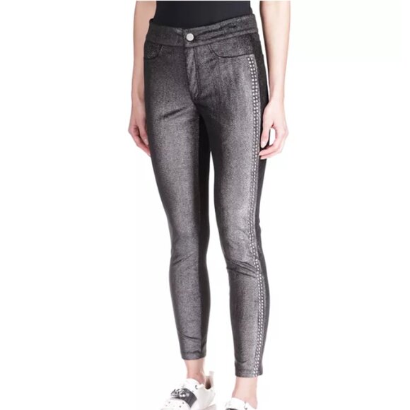 NWT MICHAEL KORS WOMEN'S STUDDED VELVET LEGGINGS BLACK/SILVER MF230DP79V XL $125 - Picture 1 of 13